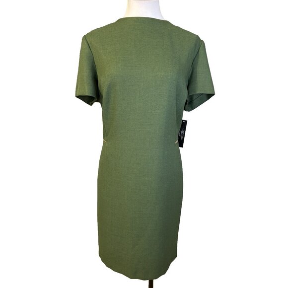 Tahari Dress 18 Green Mock Neck Gold Zipper Trim Short Sleeve Career Church NEW - Picture 1 of 11